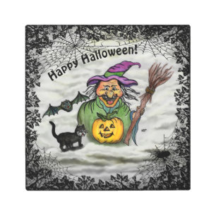 Impresión En Metal Bruja, gato, murciélago y calabaza, ¡Feliz Hallowe