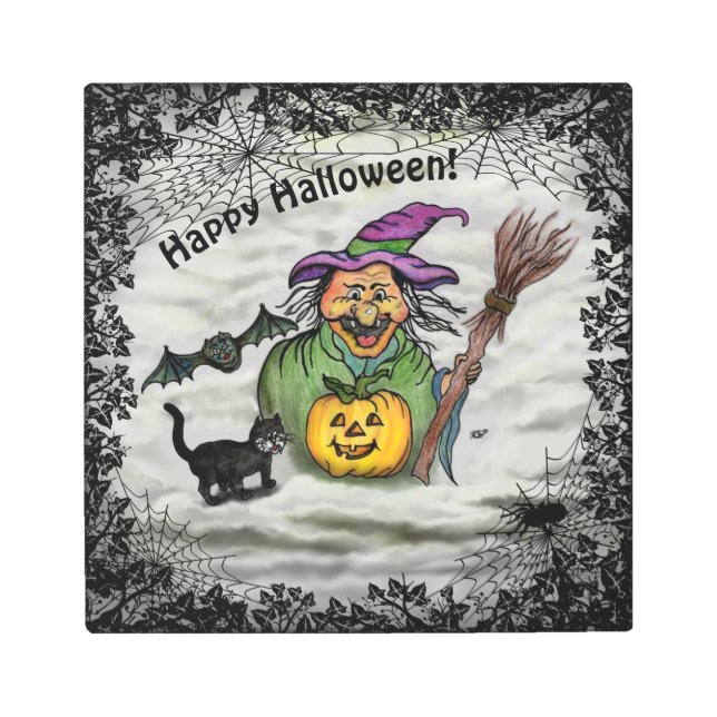 Impresión En Metal Bruja, gato, murciélago y calabaza, ¡Feliz Hallowe (Anverso)