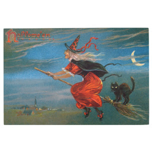 Impresión En Metal Bruja volando con gato negro en la noche de Hallow