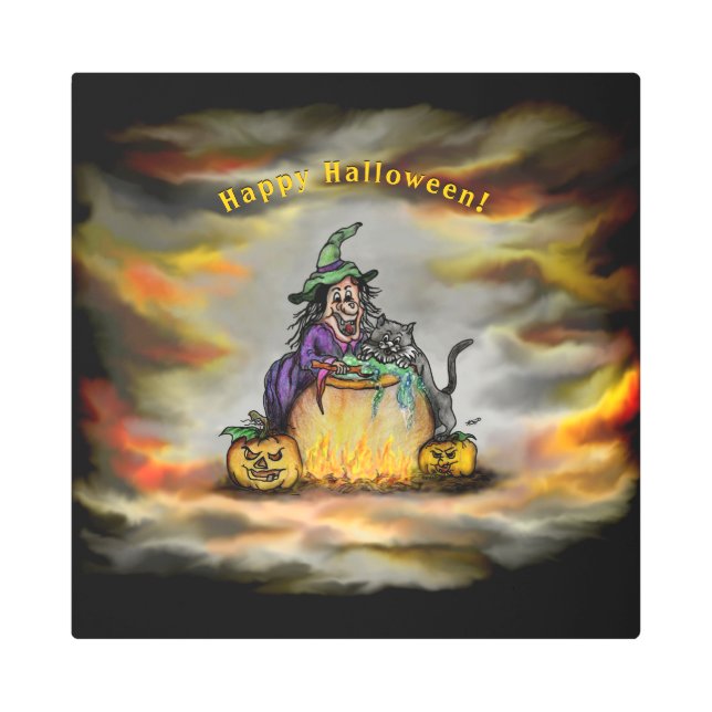 Impresión En Metal Bruja y gato negro, ¡Feliz Halloween! (Anverso)