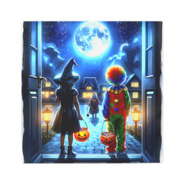 Impresión En Metal Bruja y payaso mirando un Monster Halloween