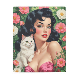 Impresión En Metal Brunette Pin-Up con gato blanco lindo