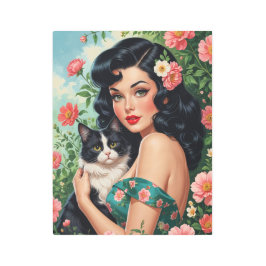 Impresión En Metal Brunette Pin-Up sosteniendo un gato lindo