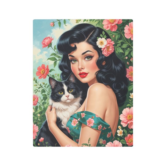 Impresión En Metal Brunette Pin-Up sosteniendo un gato lindo (Anverso)
