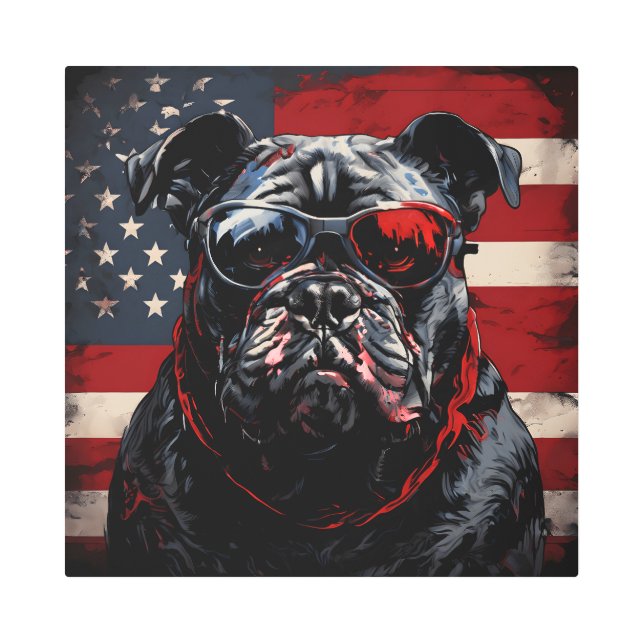 Impresión En Metal Bulldog patriota con bandera estadounidense el 4 d (Anverso)