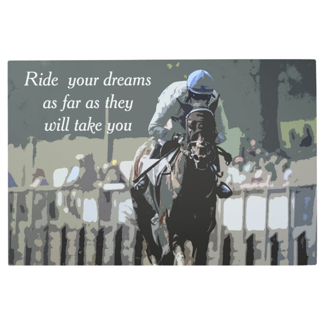 Impresión En Metal Caballo De Carrera Con Jockey En Azul Metalizado A (Anverso)