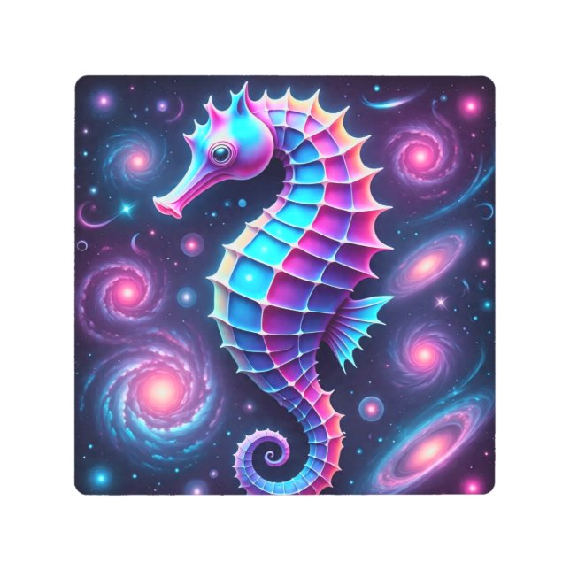 Impresión En Metal Caballo marino cósmico colorido (Anverso)