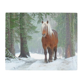Impresión En Metal Caballo palomino en nieve con pinos