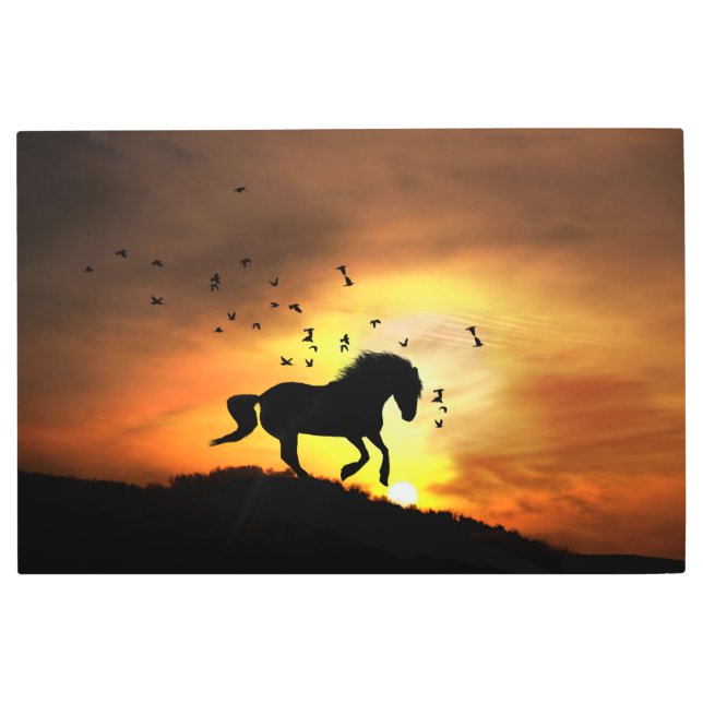 Impresión En Metal Caballo y atardecer del Suroeste con aves (Anverso)