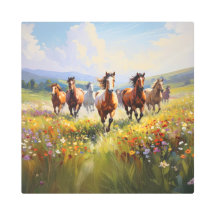 Caballos Salvajes Corriendo en una Pradera de Flor