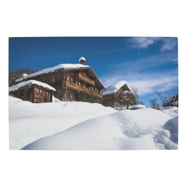 Impresión En Metal Cabañas de madera tradicionales en la nieve (Anverso)