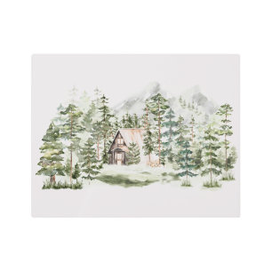 Impresión En Metal Cabina acuarela en bosque de pinos verdes