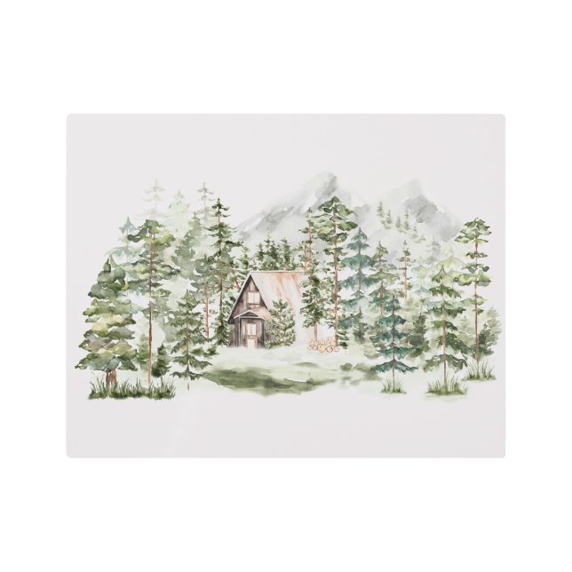 Impresión En Metal Cabina acuarela en bosque de pinos verdes (Anverso)