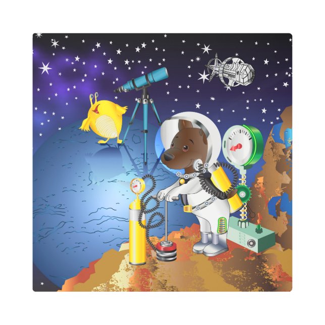 Impresión En Metal Cachorro en el espacio de un extranjero con telesc (Anverso)