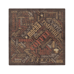 Impresión En Metal Café en Burlap Word Cloud Brown ID283