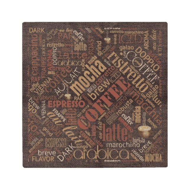 Impresión En Metal Café en Burlap Word Cloud Brown ID283 (Anverso)