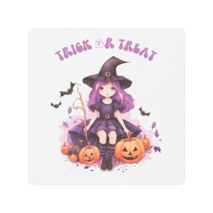 Impresión En Metal Calabazas y murciélagos de bruja morada de truco o