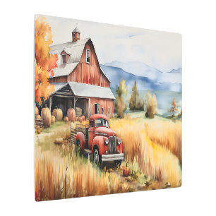 Impresión En Metal Camión de recolección y granero rojo en otoño 30x2