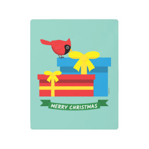 Impresión En Metal Cardenal rojo curado abre un regalo azul