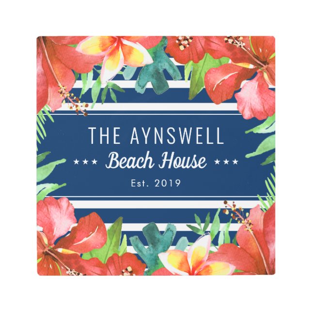 Impresión En Metal Casa de playa de la Marina Floral Tropical Stripes (Anverso)