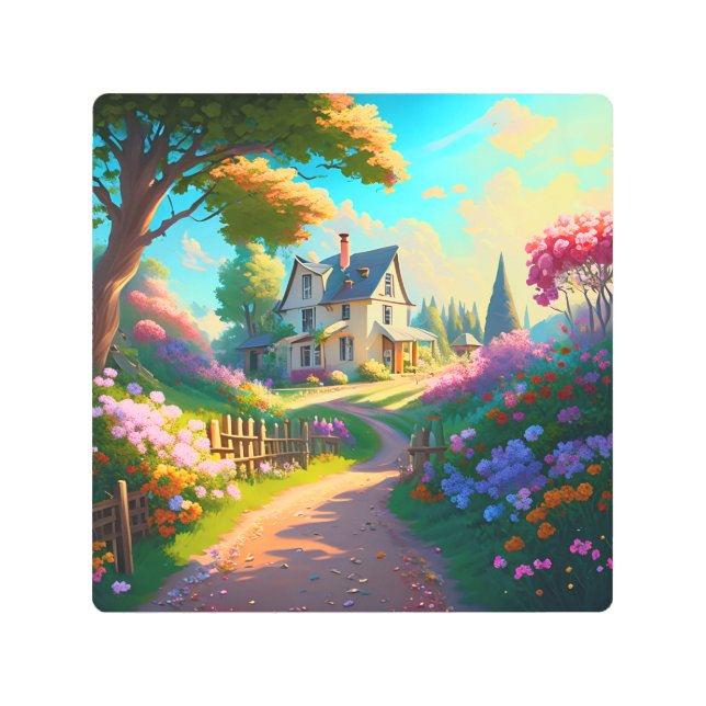 Impresión En Metal casa rural con jardín de flores (Anverso)