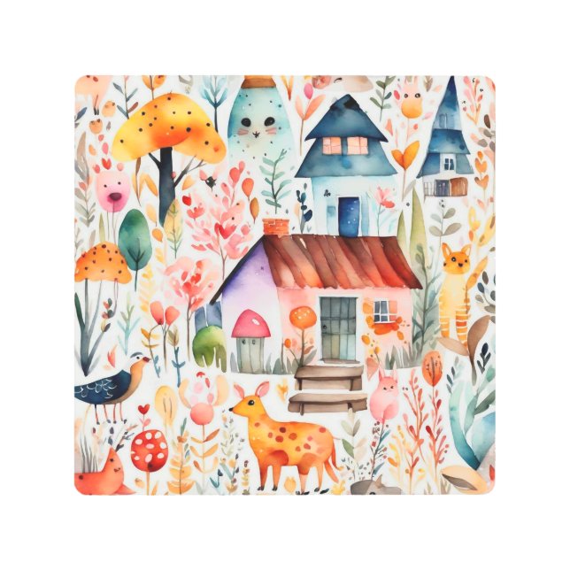 Impresión En Metal Casas de animales de campo florales estilo cottage (Anverso)