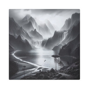 Impresión En Metal Cascada de montaña en blanco y negro