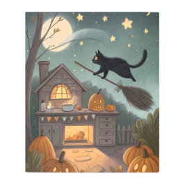 Impresión En Metal Cat & Broom Duo | Magical Halloween Night