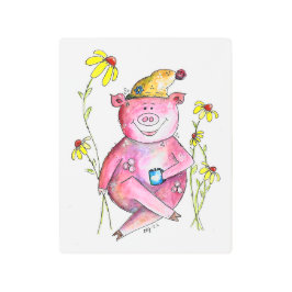 Impresión En Metal Cerdo Caprichoso Bebiendo Café