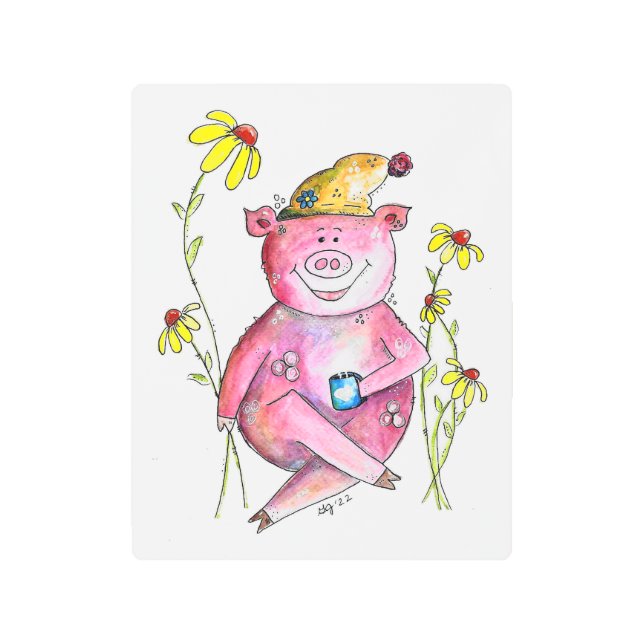 Impresión En Metal Cerdo Caprichoso Bebiendo Café (Anverso)