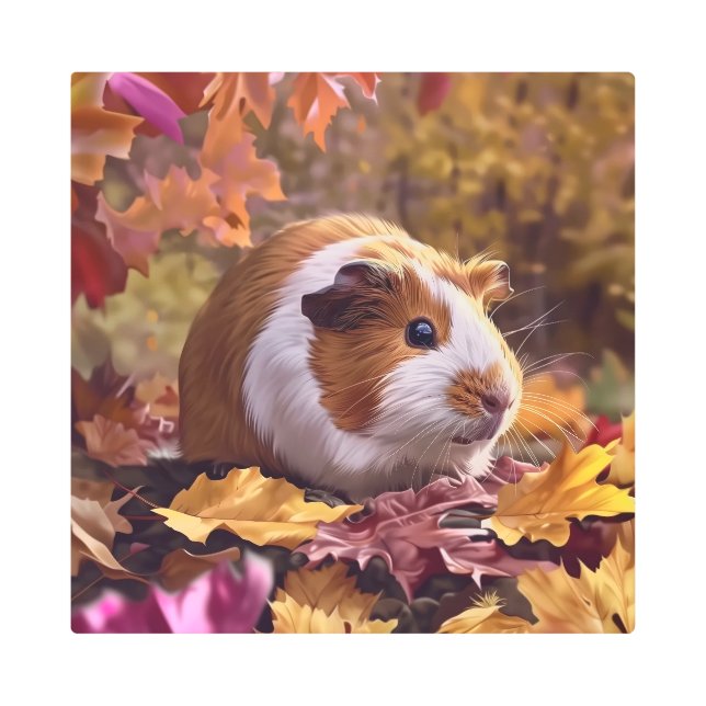 Impresión En Metal Cerdo de Guinea entre hojas de otoño (Anverso)