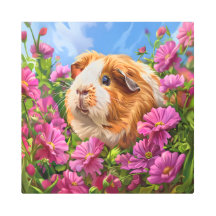 Cerdo guineano entre flores rosadas