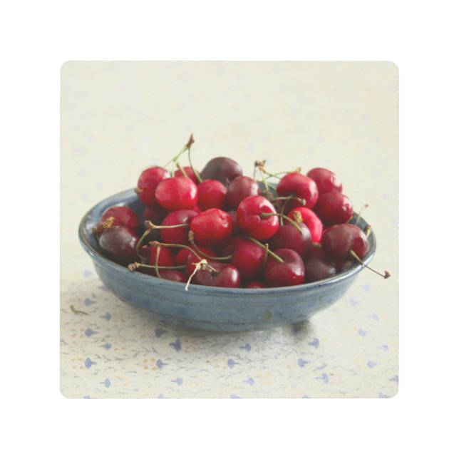 Impresión En Metal Cerezas en un tazón azul (Anverso)