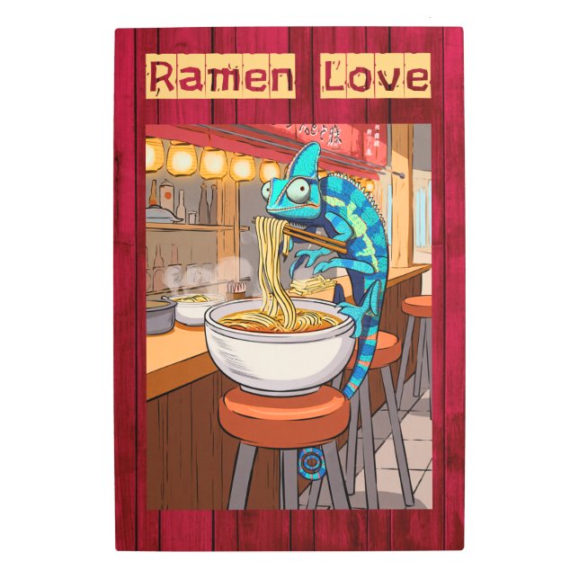 Impresión En Metal Chameleon comiendo Ramen en Noodle Bar (Anverso)