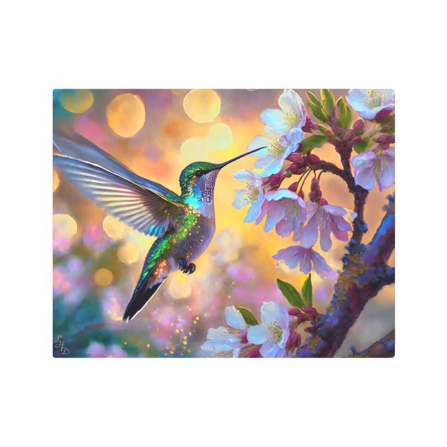 Impresión En Metal Cherry Blossom Fantasy Sunrise Hummingbird (Anverso)