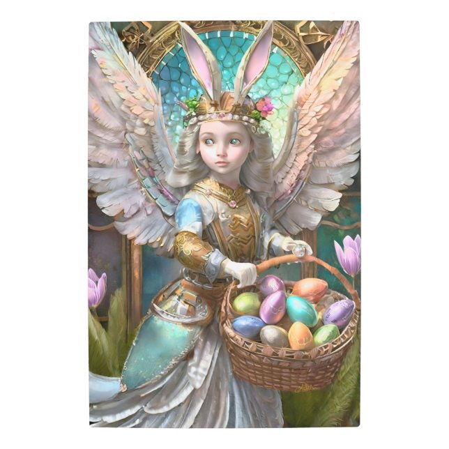Impresión En Metal Chica Con Vestido De Ángel Conejito De Pascua (Anverso)