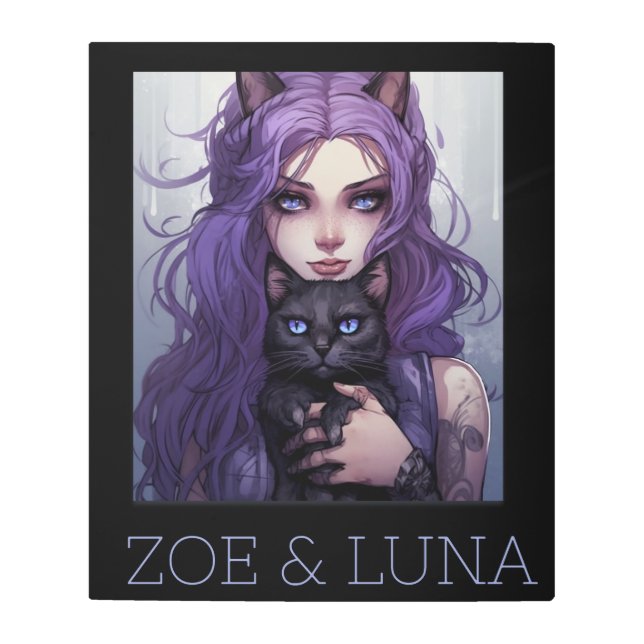 Impresión En Metal Chica de anime con pelo morado y su gato (Anverso)