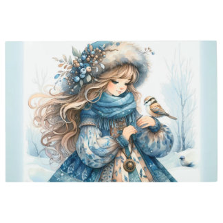 Impresión En Metal Chica de invierno con pájaro en Abrigo Floral Azul