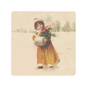 Impresión En Metal Chica de invierno de Navidades antiguos niño