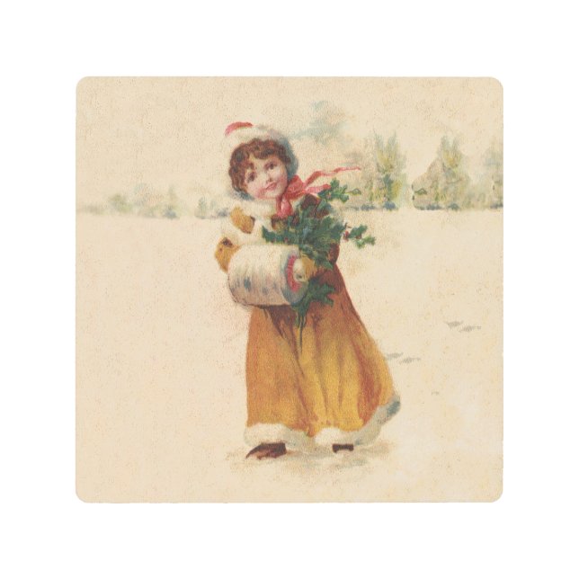 Impresión En Metal Chica de invierno de Navidades antiguos niño (Anverso)