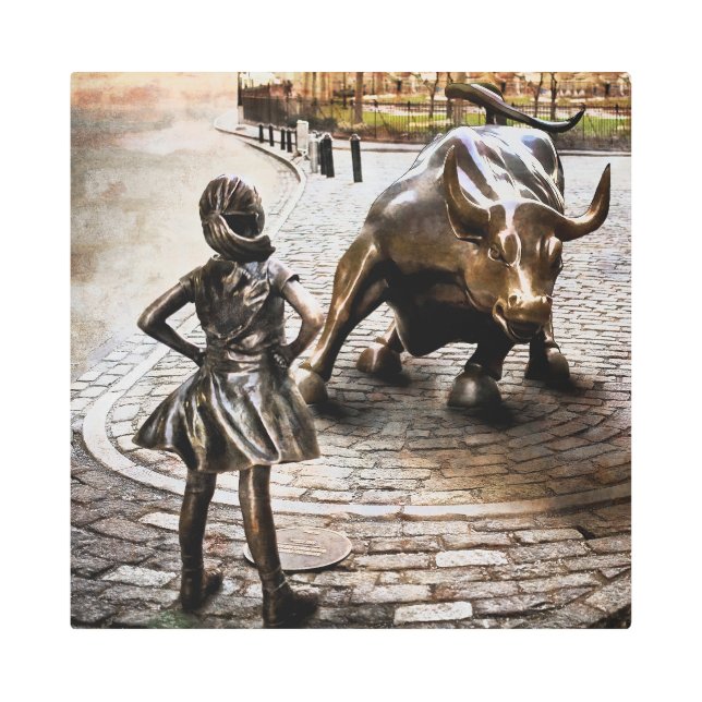 Impresión En Metal Chica intrépido enfrenta a toro rampante (Anverso)