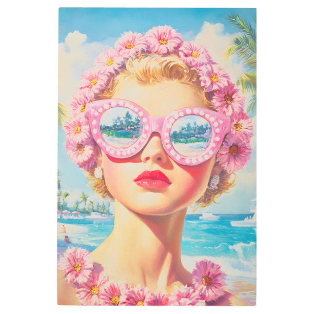 Impresión En Metal Chica Retro Beach con gafas de sol florales (Anverso)