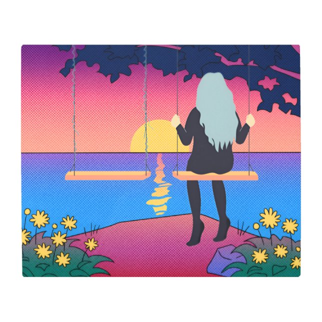 Impresión En Metal chica solitario de puesta de sol (Anverso)