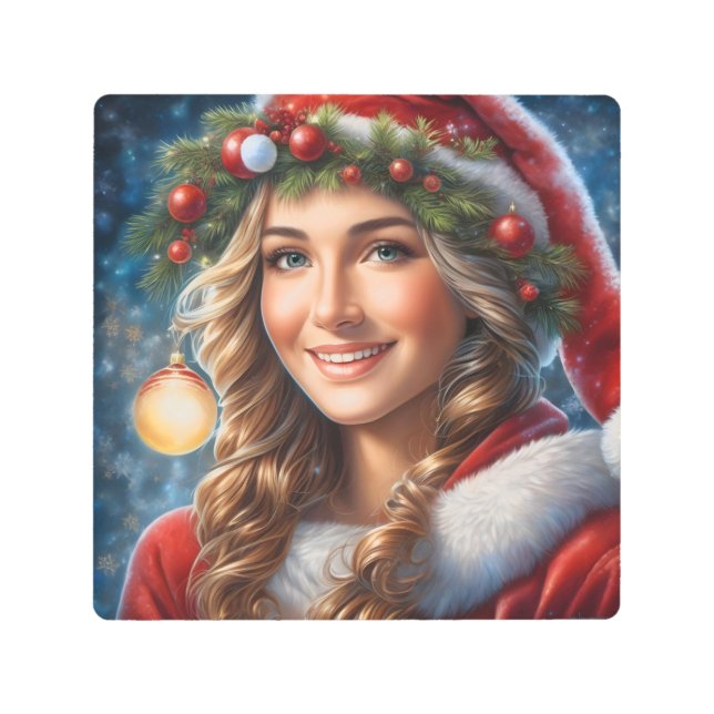 Impresión En Metal Chica sonriente lindo Santa Claus feriado festivo (Anverso)