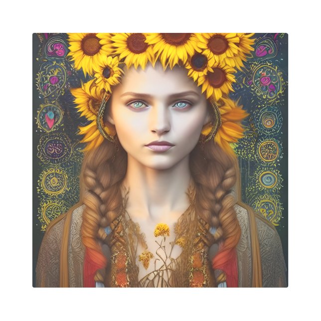 Impresión En Metal Chica ucraniano de Amulets y Sunflowers (Anverso)