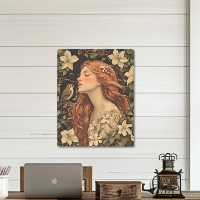 Impresión En Metal Chica y pájaro medieval estilo William Morris (Vintage William Morris Style Medieval Girl & Bird Metal Print)
