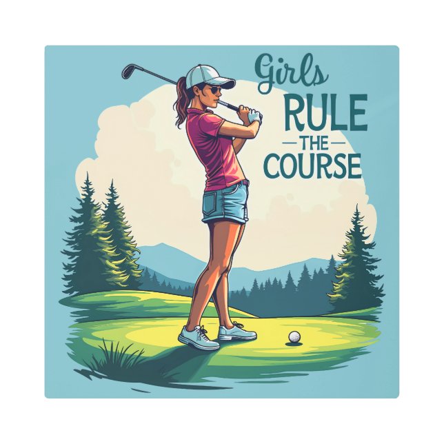 Impresión En Metal Chicas gobiernan el Ilustracion de golf Retro (Anverso)