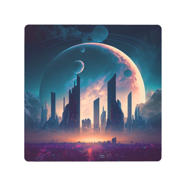 Impresión En Metal Ciudad espacial Cyberpunk de ciencia ficción (Anverso)