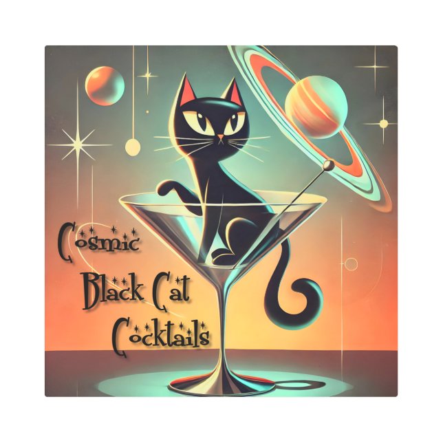 Impresión En Metal Cócteles de gato negro cósmico futurista atómico (Anverso)