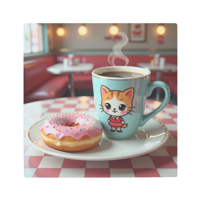 Impresión En Metal Coffee y donut judos en retro diner (Anverso)